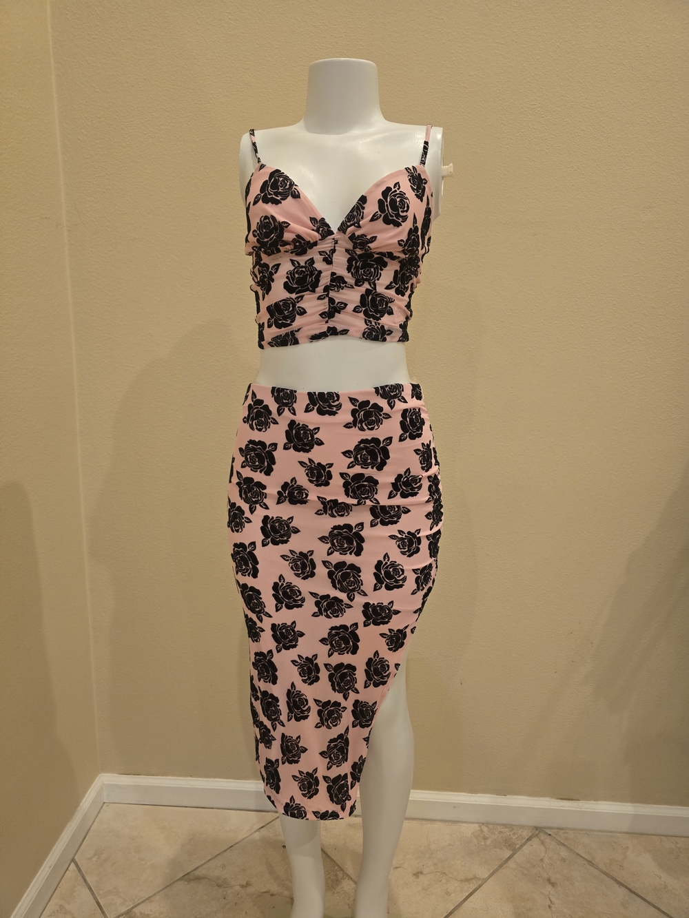 Pink Floral High-Waist Midi Skirt & Cropped Bustier Set